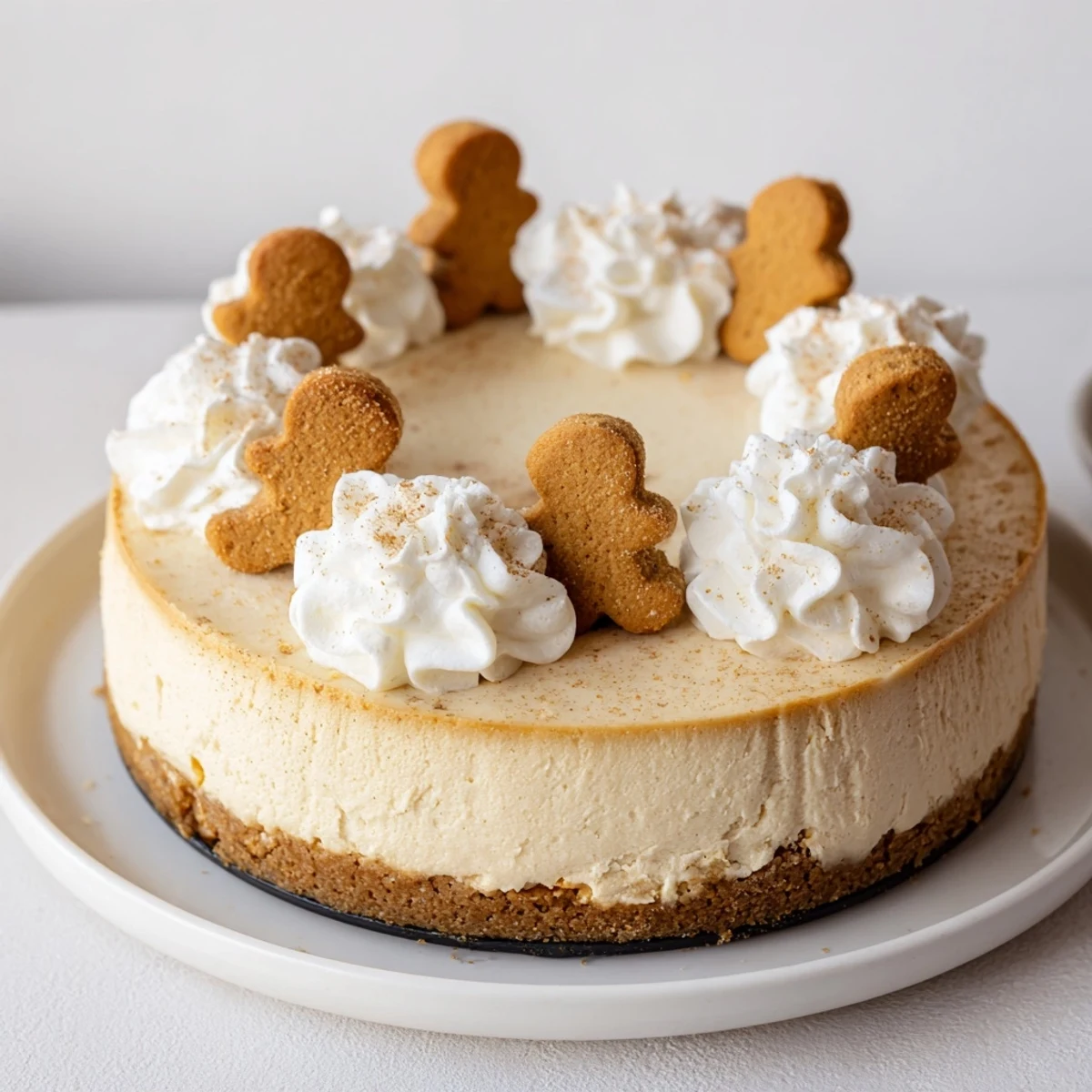 Warm tones show the gingerbread cheesecake, with its gingersnap crust and a garnish of cookies.