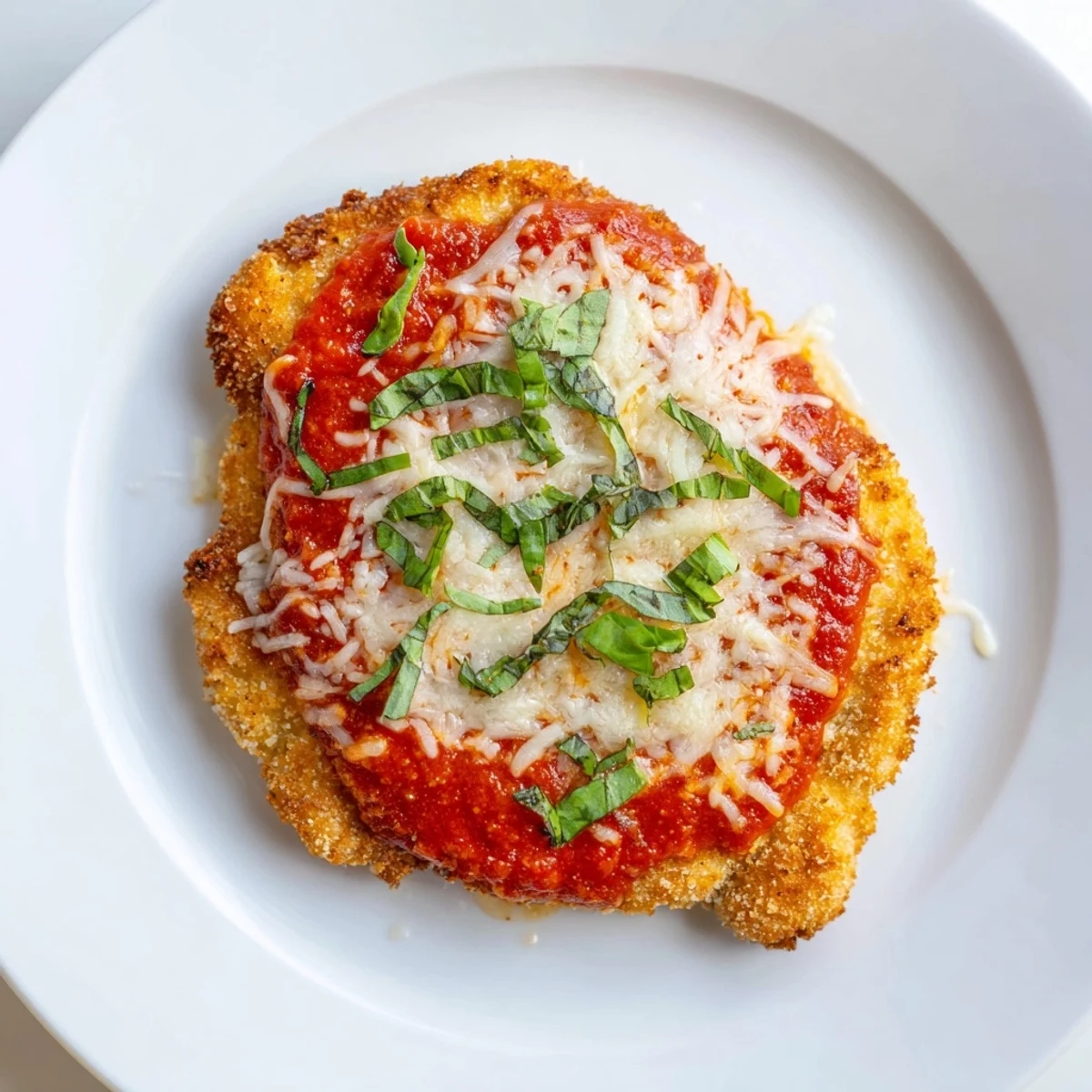Golden bubbly Baked Chicken Parmesan with melted mozzarella cheese and marinara sauce.