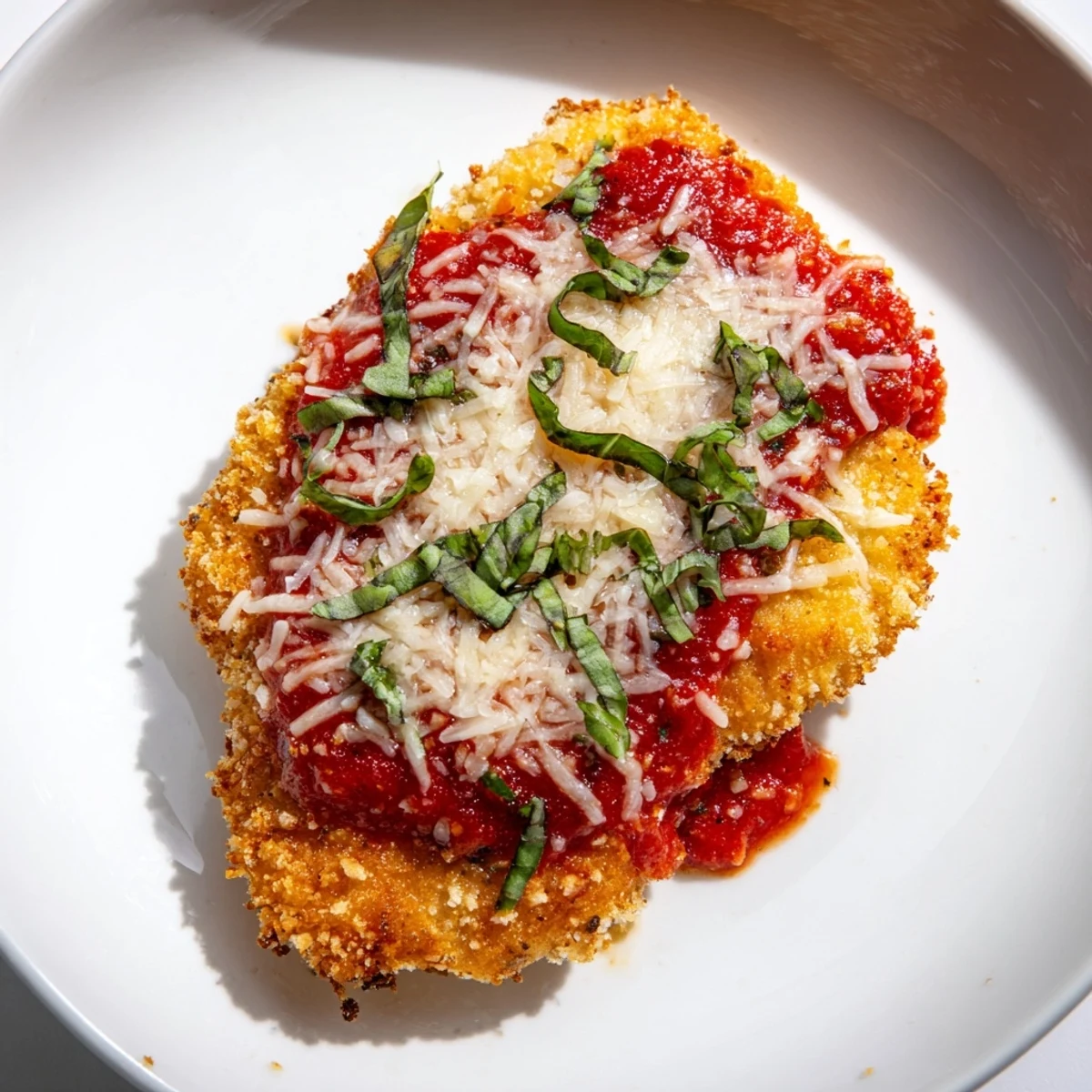 Crispy breaded Baked Chicken Parmesan, freshly baked, offering a delicious, comforting Italian meal.