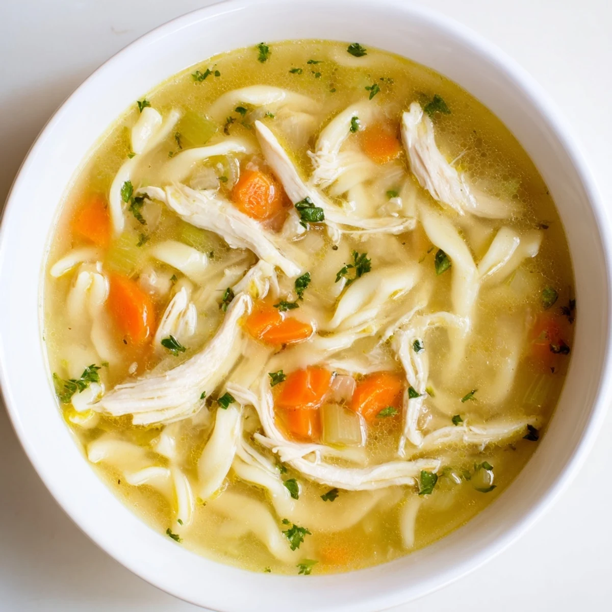 Steaming bowl of homemade chicken noodle soup, with chunks of chicken and vibrant vegetables.