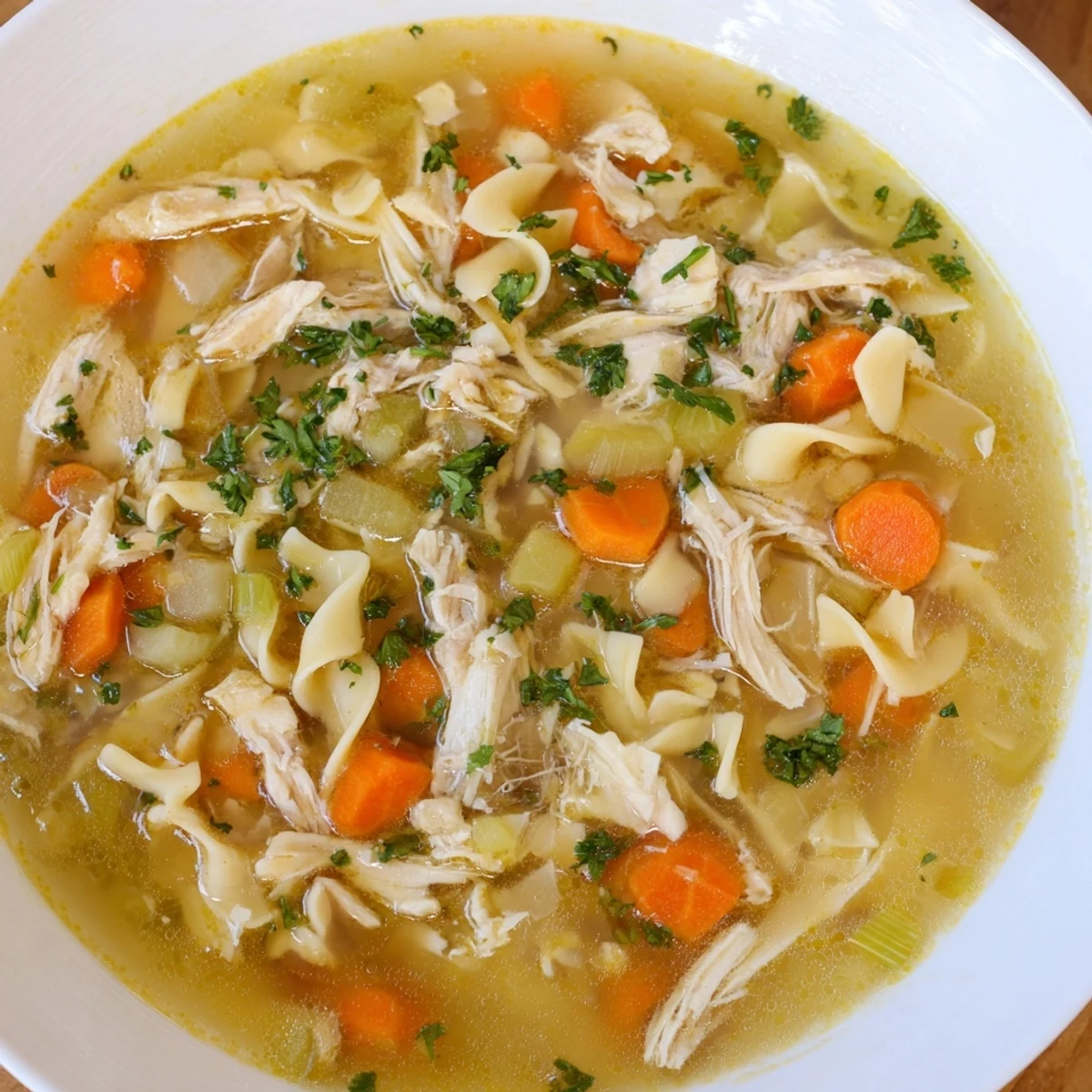 A close-up shot of hot, delicious homemade chicken noodle soup, perfect for a cold day.