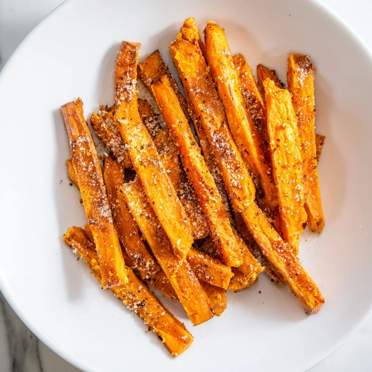 Close-up of beautifully browned crispy oven baked sweet potato fries, a flavorful side dish.