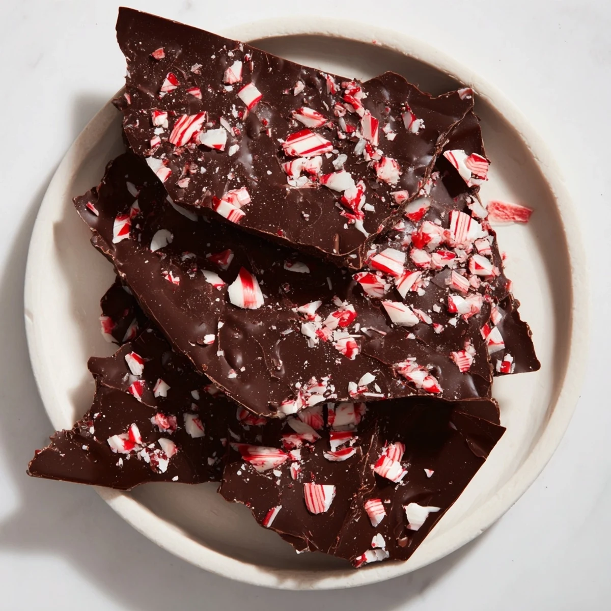 Rich, crackly Dark Chocolate Peppermint Bark, showcasing layers of dark chocolate and bright candy pieces.