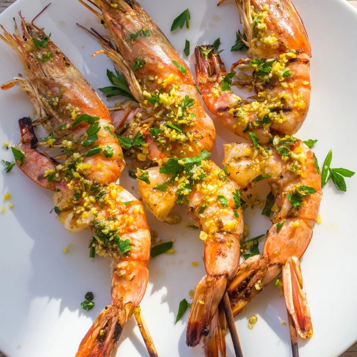 Grilled lemon garlic butter shrimp skewers, with tender shrimp ready for a delicious, fresh taste.