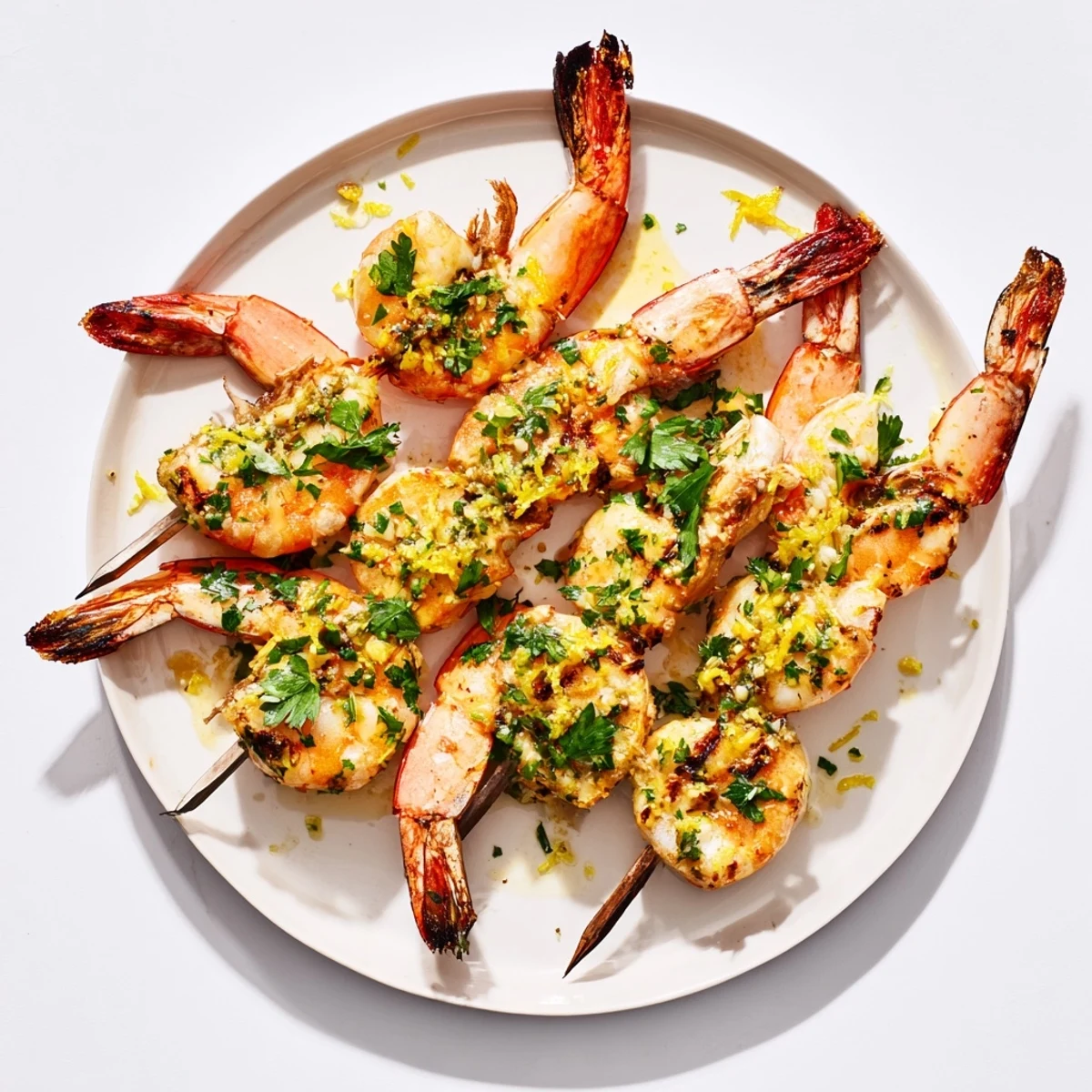 Marinated lemon garlic butter shrimp skewers, a flavorful and easy appetizer, are beautifully presented.