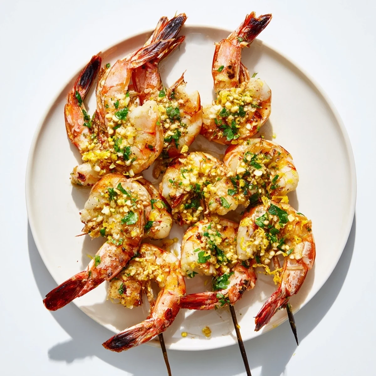 Lemon garlic butter shrimp skewers, sizzling on the grill, ready to eat with a squeeze of lemon.