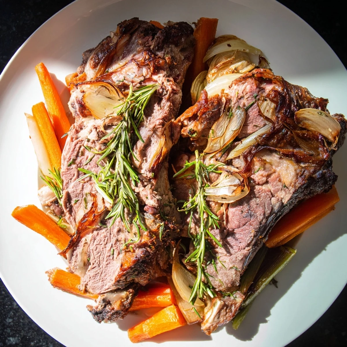 Juicy, roasted leg of lamb glistens, infused with rosemary, ready for carving and serving.
