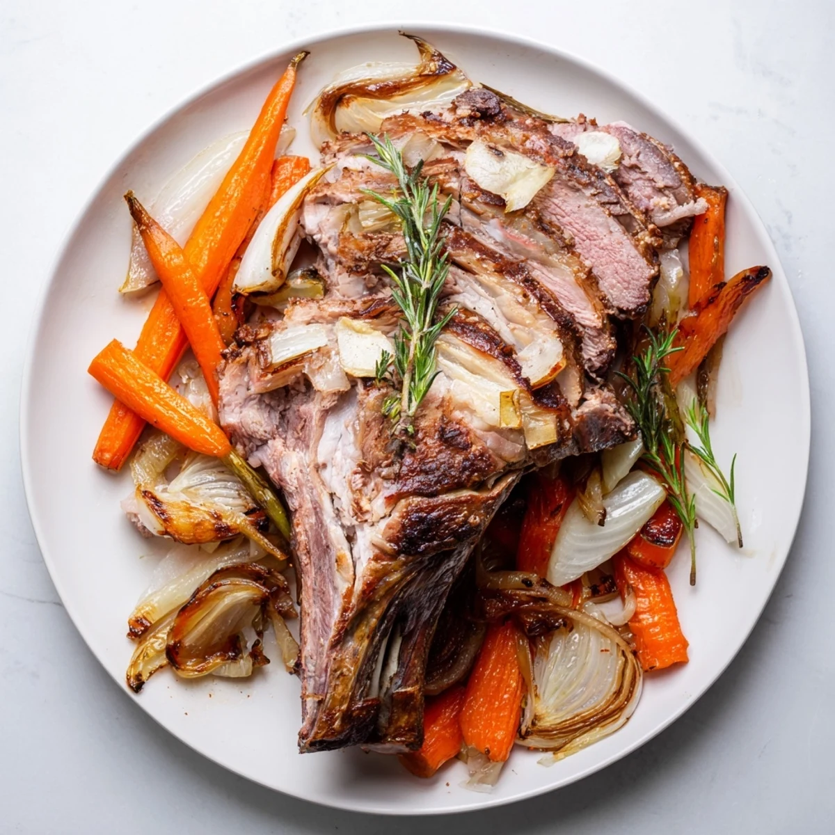 Aromatic leg of lamb roast, cooked to perfection, sits atop roasted vegetables for a holiday dinner.