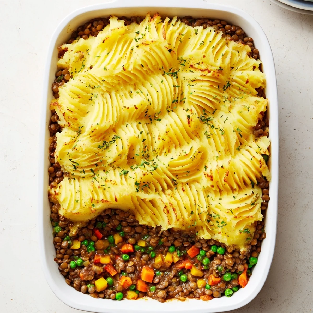 A bubbly and golden Savory Lentil Shepherd's Pie with a creamy mashed potato topping, ready to serve.