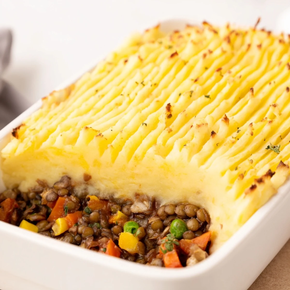 This comforting Savory Lentil Shepherd's Pie features a warm, rich lentil filling under a fluffy potato layer.