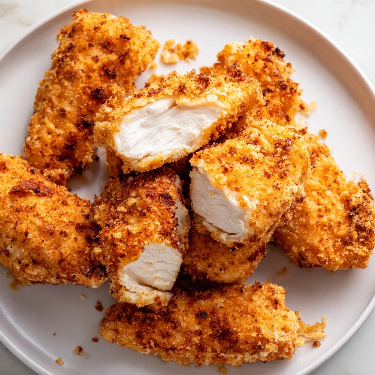 Golden, crispy chicken tenders await, ready for dipping in a creamy sauce.