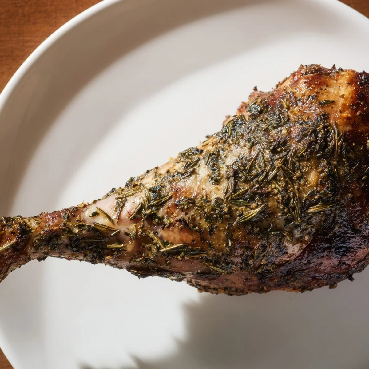 Golden brown herb roasted turkey legs glistening, ready to serve with roasted vegetables.