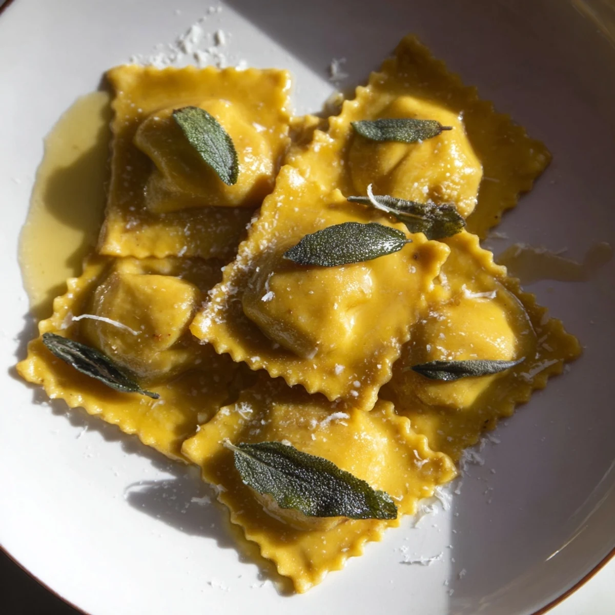Golden butternut squash ravioli drizzled with sage brown butter, garnished with Parmesan cheese, ready to enjoy.