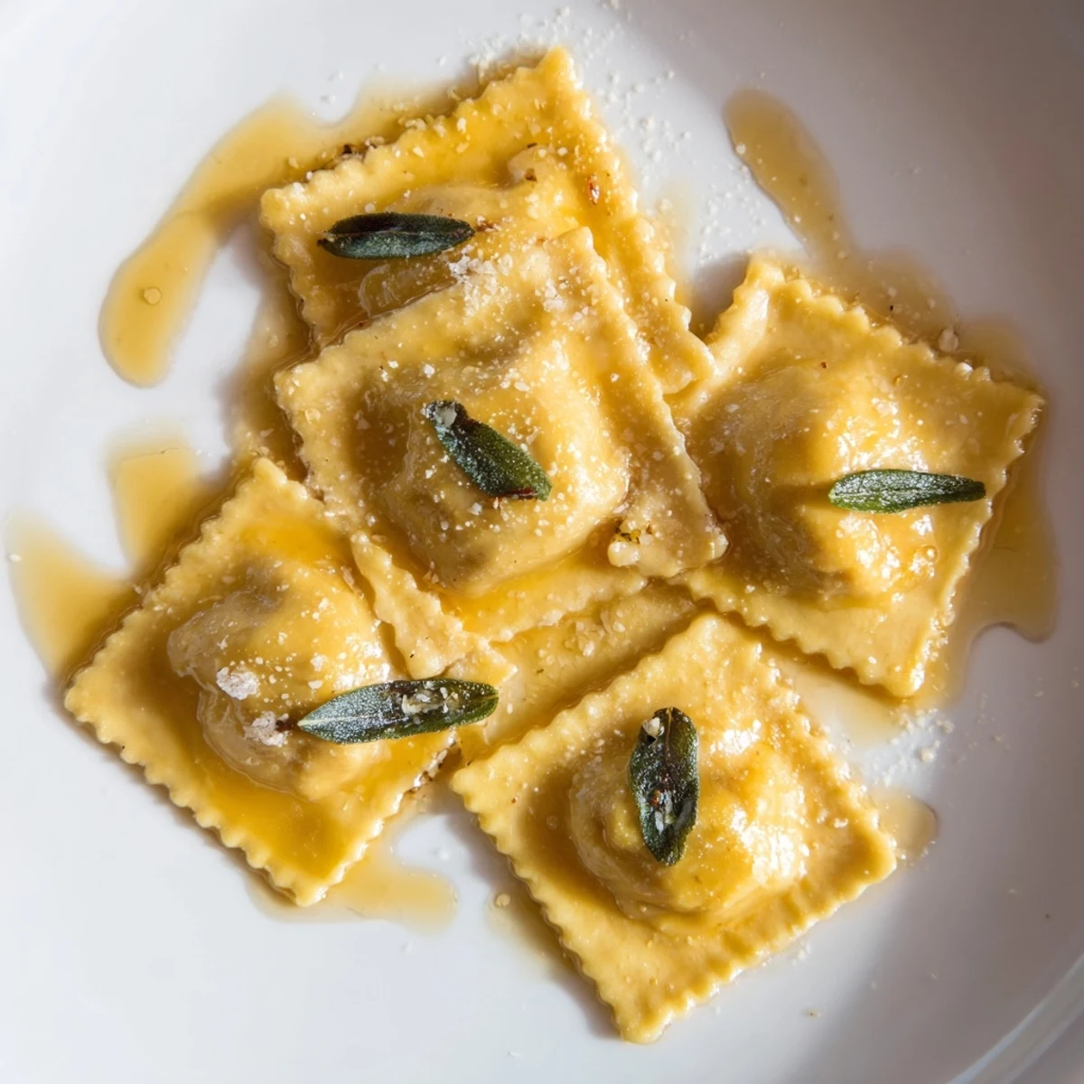 A close-up of creamy butternut squash ravioli, cooked al dente, and plated with fresh sage leaves.