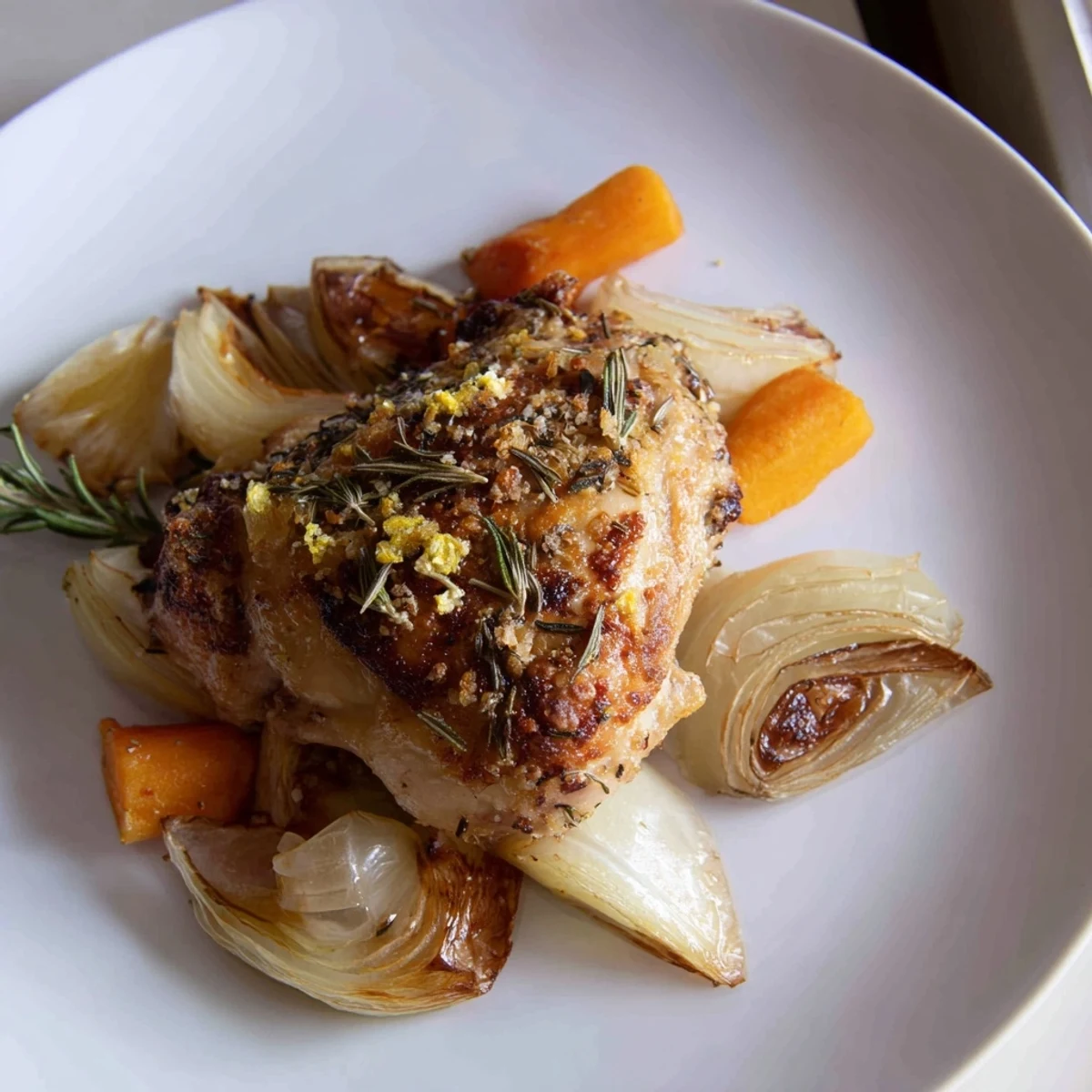 Golden-brown Lemon Garlic Roasted Chicken, glistening with flavorful juices, ready for serving with sides.