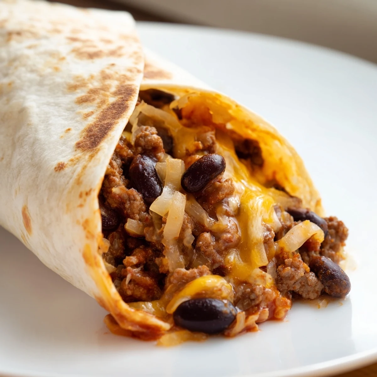 Golden-brown, cheesy Beef and Bean Burritos, packed with savory meat and beans, ready to be enjoyed.
