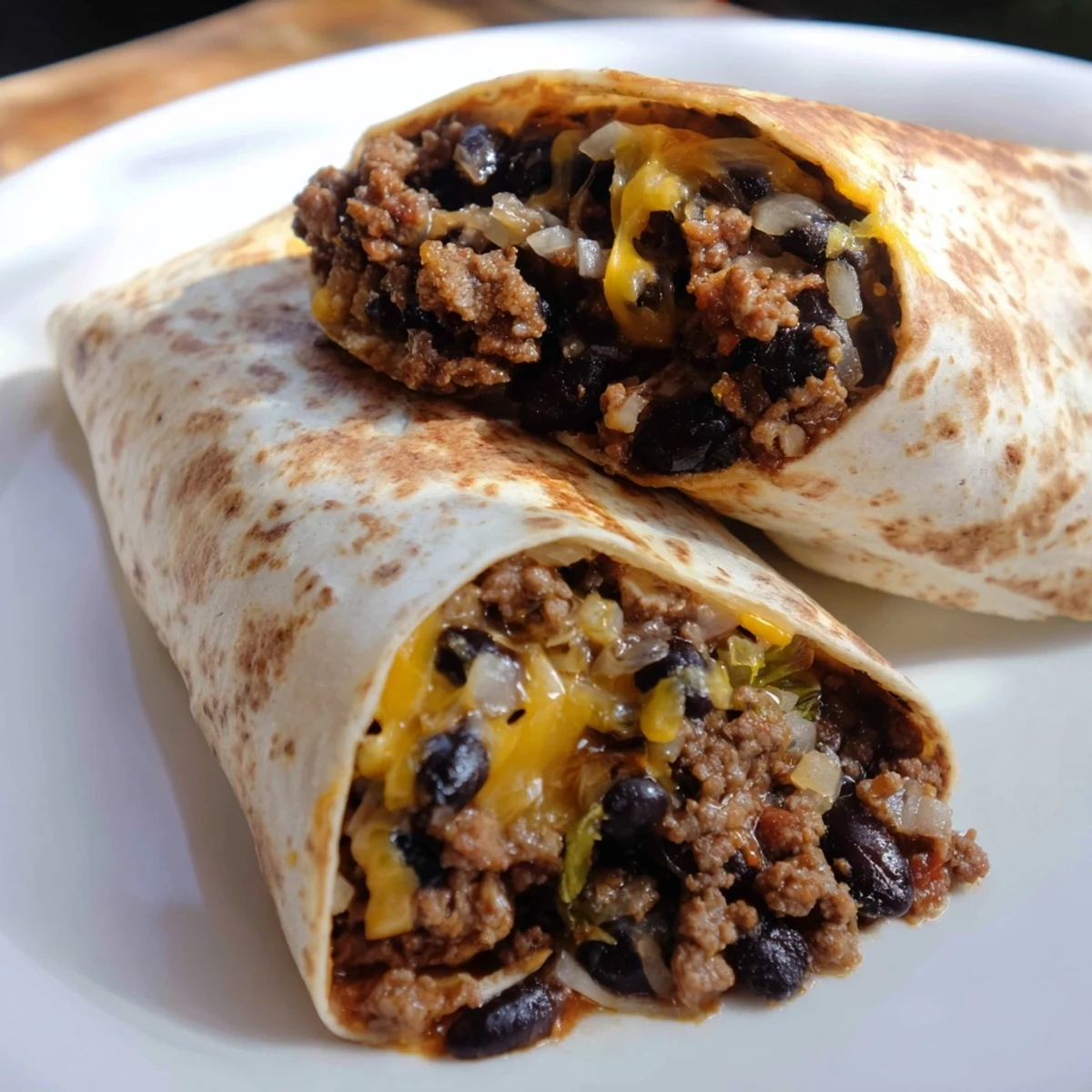 A close-up of a juicy Beef and Bean Burrito, showing layers of filling and melted cheese.