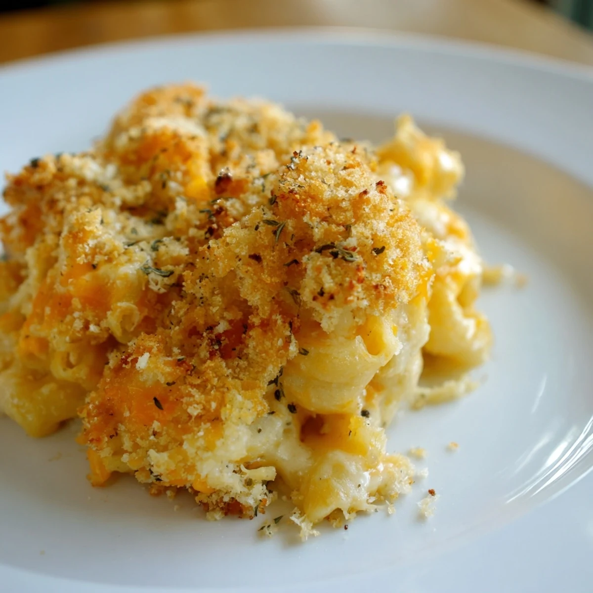 Golden, bubbly Baked Macaroni with Three Cheeses, a creamy, cheesy comfort food classic.