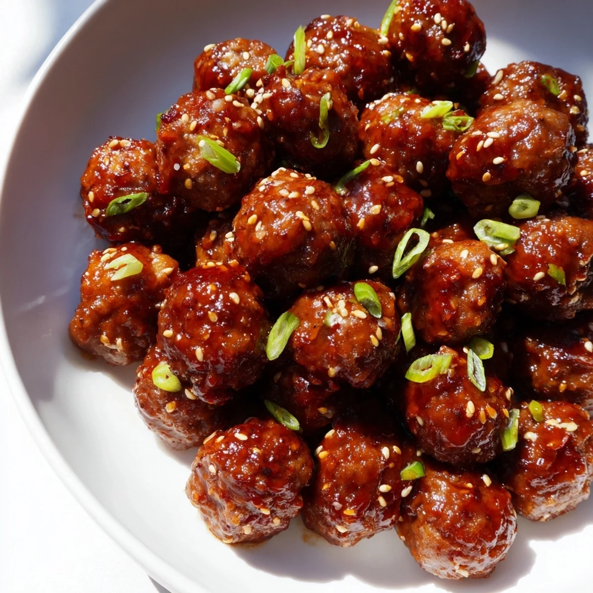 Juicy, glazed Spicy Sriracha Beef Meatballs, sizzling from the oven, ready for serving with sesame seeds.