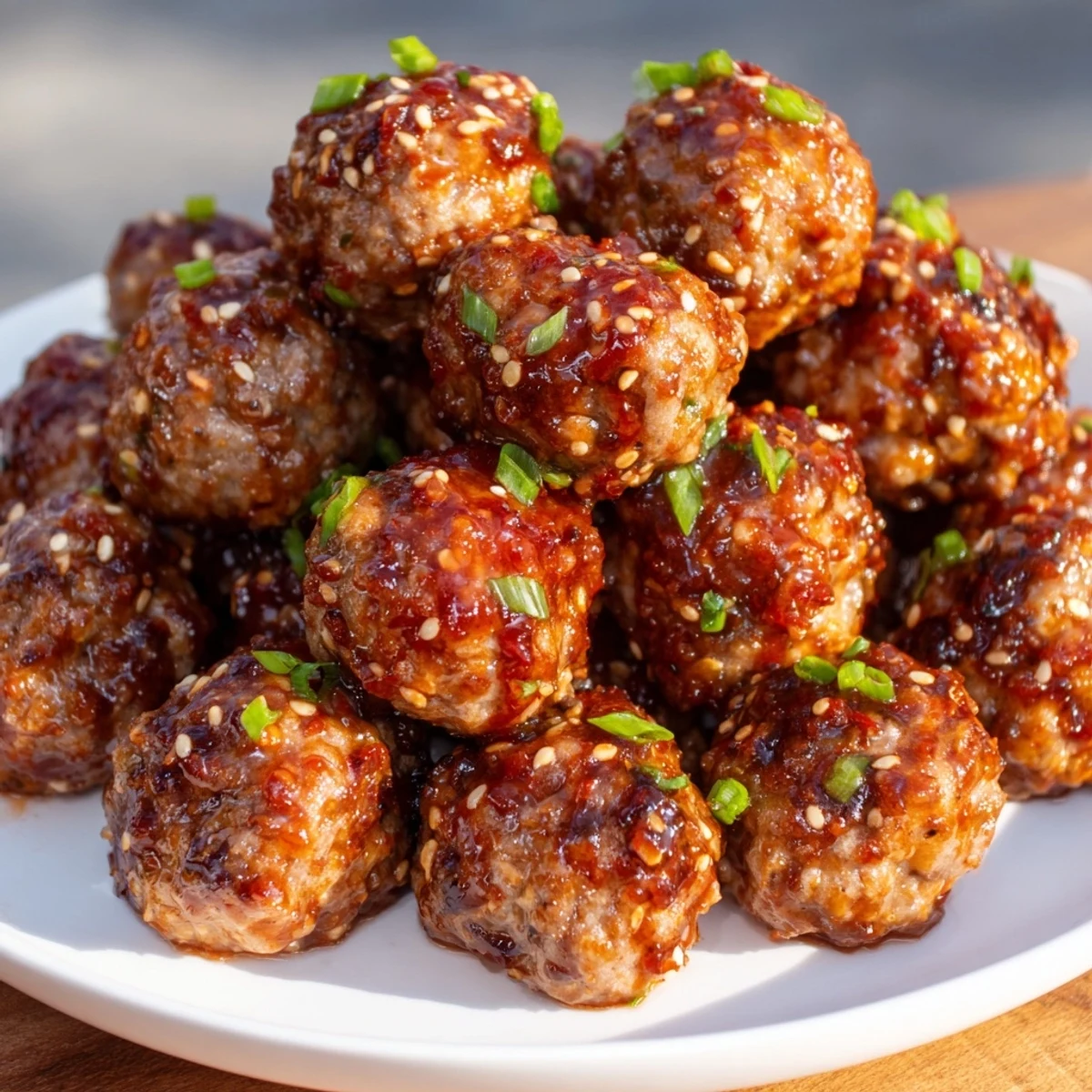 A close-up of tender, glistening Spicy Sriracha Beef Meatballs in a spicy-sweet glaze, perfect for any gathering.