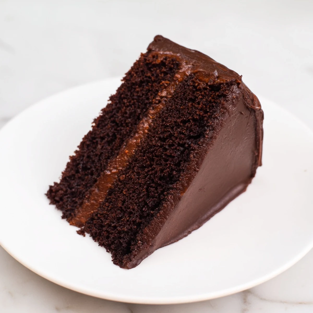A slice of decadent chocolate fudge cake, frosted and ready to enjoy with a moist crumb.