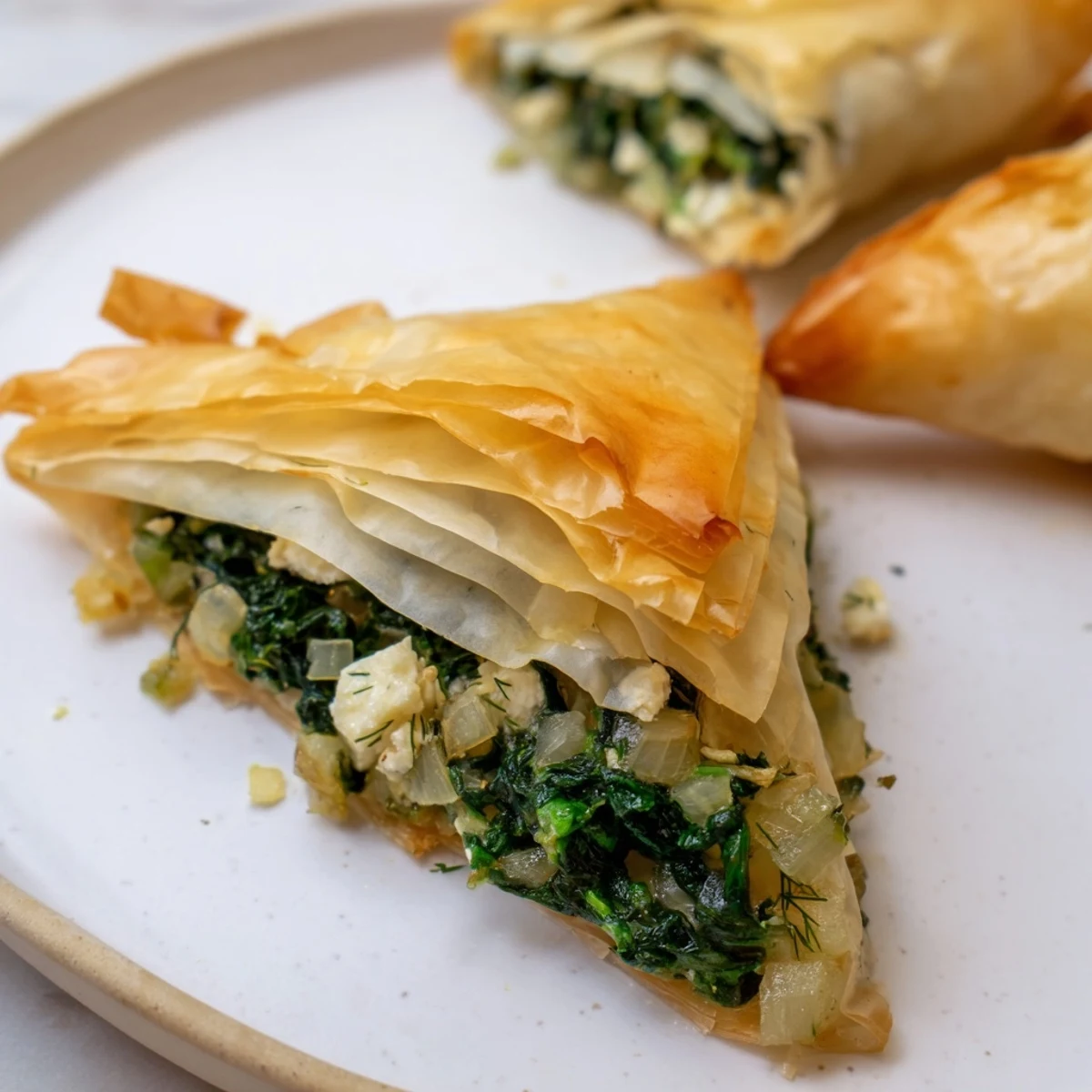 Imagine the aroma: Warm Savory Spinach and Feta Triangles, perfectly flaky and filled with creamy feta cheese.