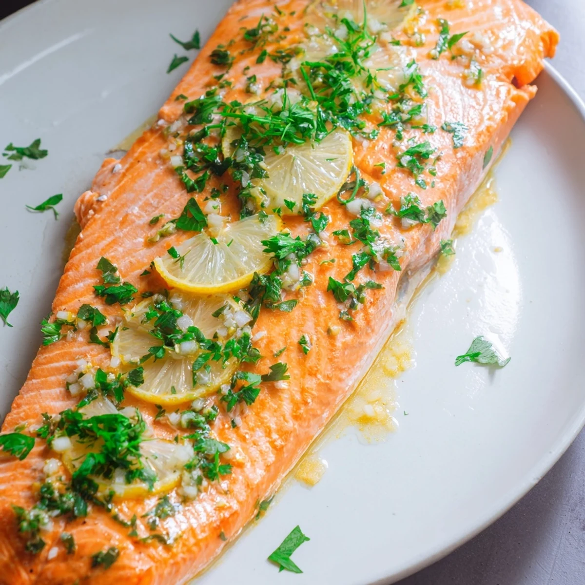 Golden, flaky Lemon Herb Roasted Salmon, garnished with bright lemon slices, ready to serve and enjoy.