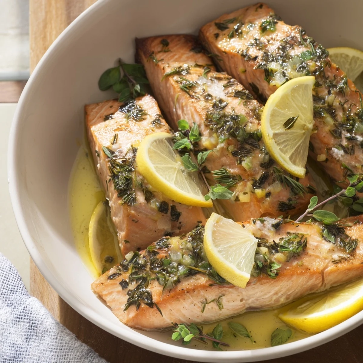 Juicy, oven-baked Lemon Herb Roasted Salmon, seasoned with fresh herbs, offering a flavorful and healthy meal.