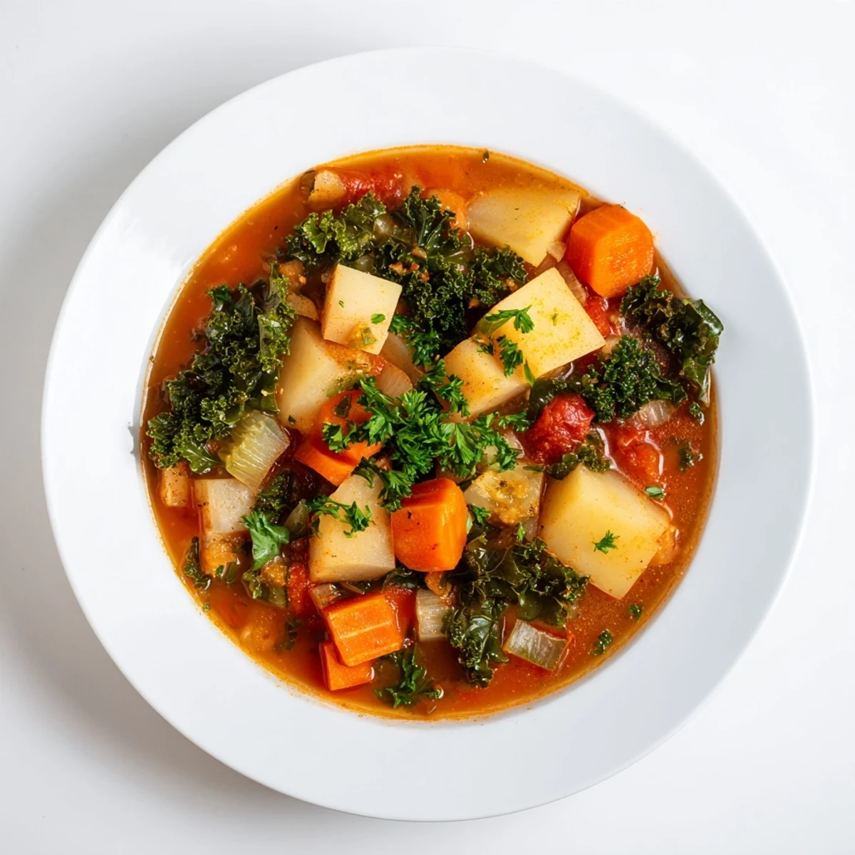Steaming Winter Vegetable Stew, brimming with tender root veggies and fresh herbs in a rich broth.