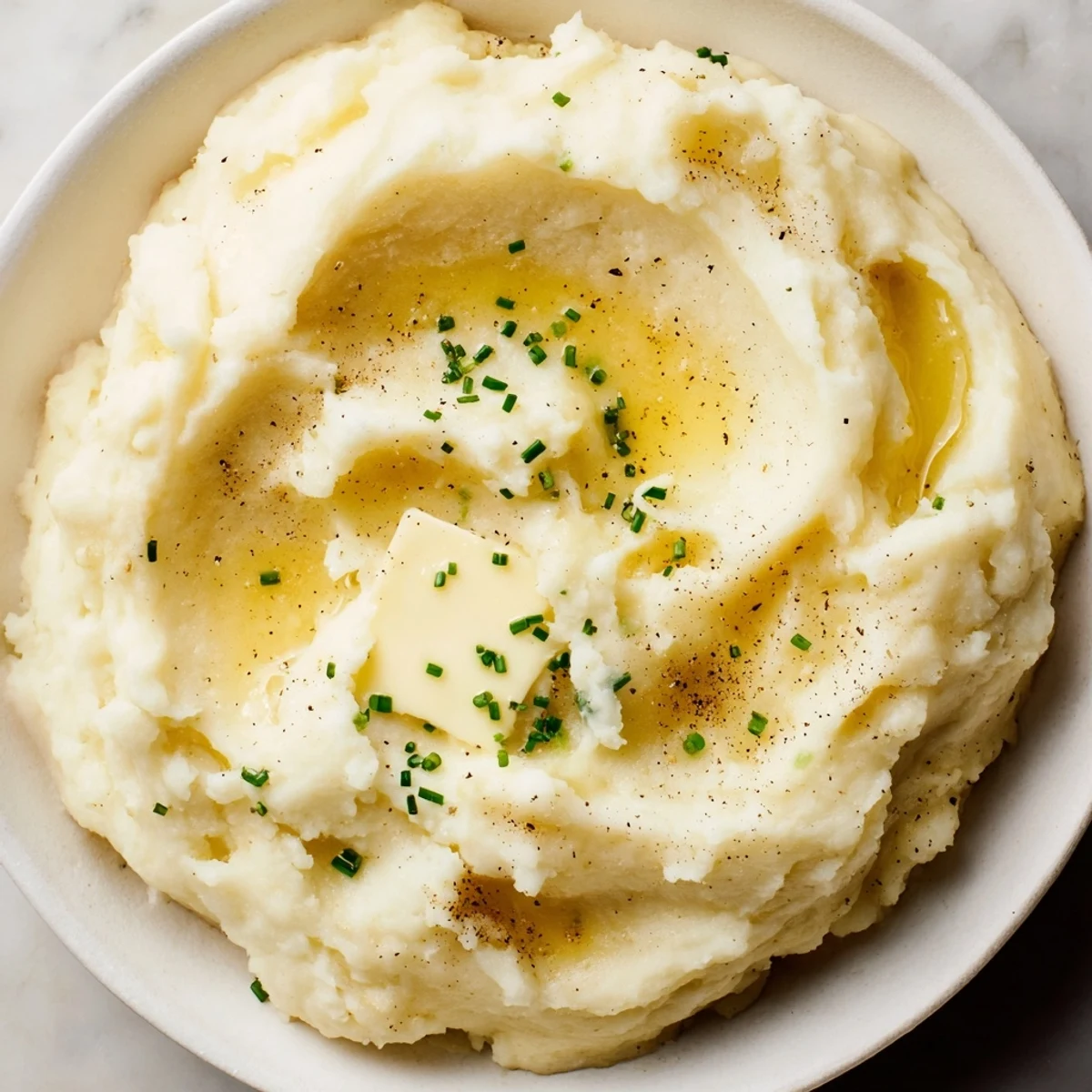 Silky smooth creamy mashed potatoes are pictured, enticing with a rich, buttery texture and flavor.
