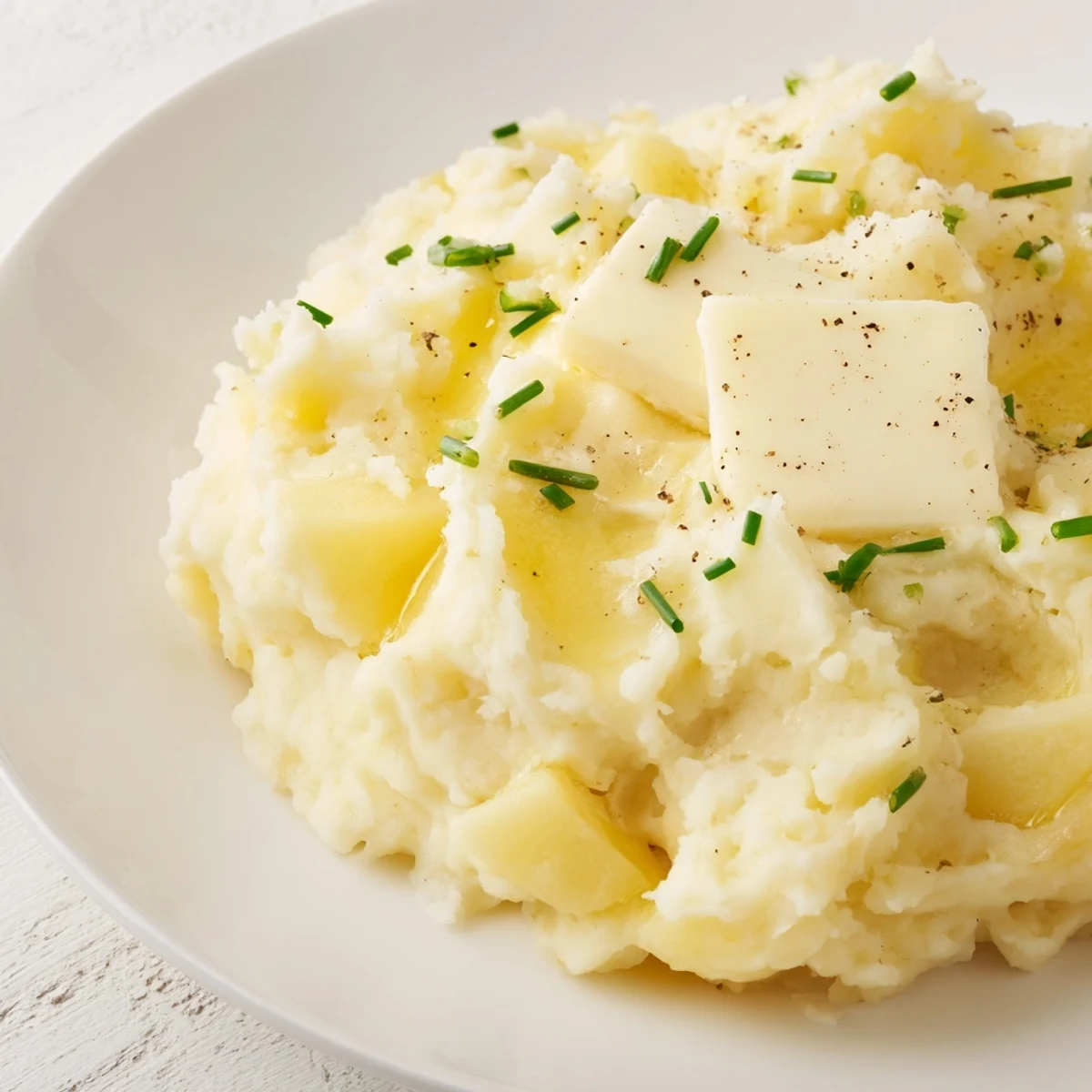 Close-up of golden, creamy mashed potatoes, perfect alongside roasted meats, seasoned with fresh herbs.