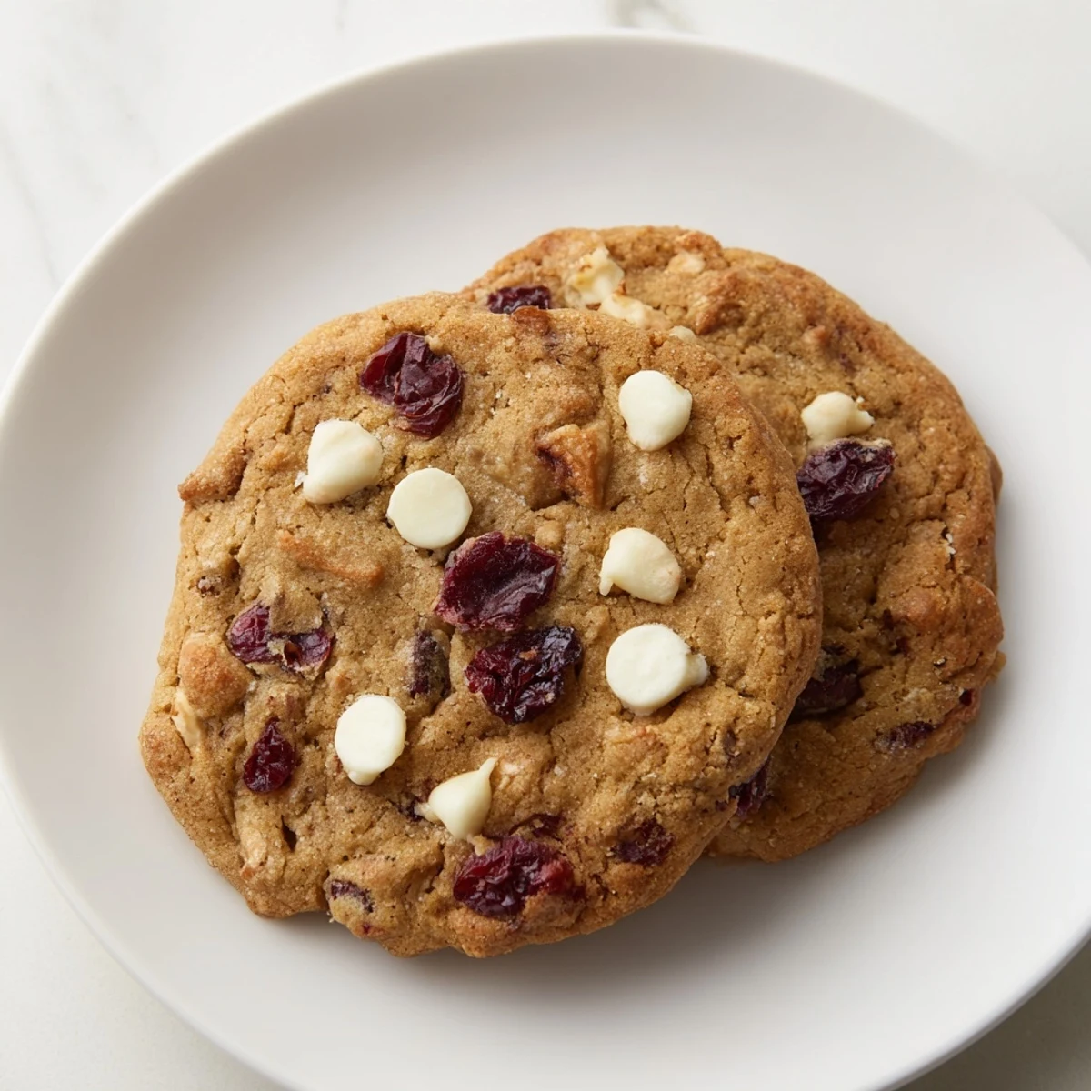 Close-up of a warm Cranberry Cookie Mix, showcasing the vibrant cranberries and melty white chips.