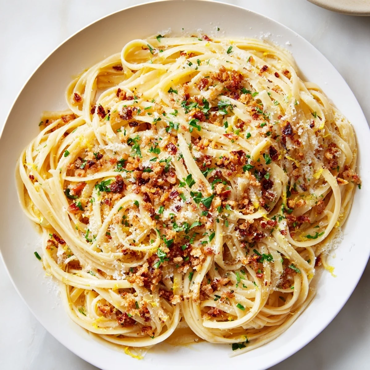 Steaming plate of Garlic Pasta Side tossed with parsley and Parmesan, ready to serve.