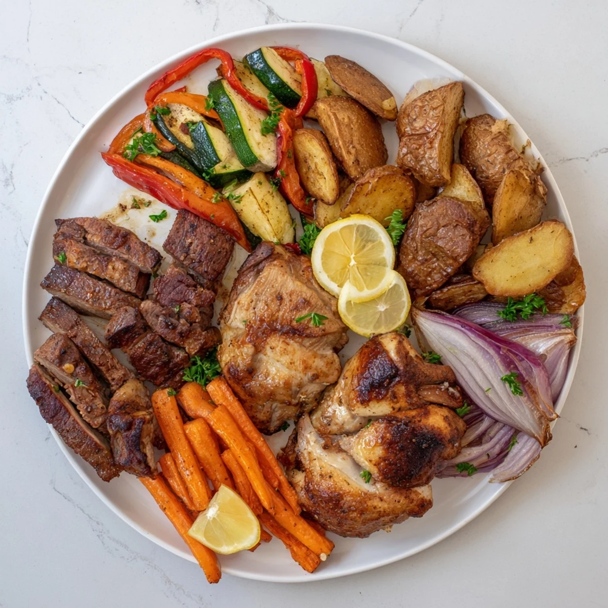 Golden browned Roasted Meat Tray, featuring tender beef, chicken, pork, and roasted vegetables.