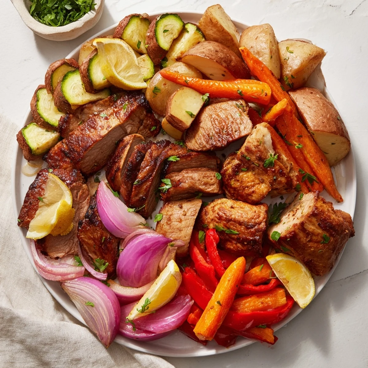 Delectable close-up of a Roasted Meat Tray, showcasing juicy meats and tender, roasted vegetables.