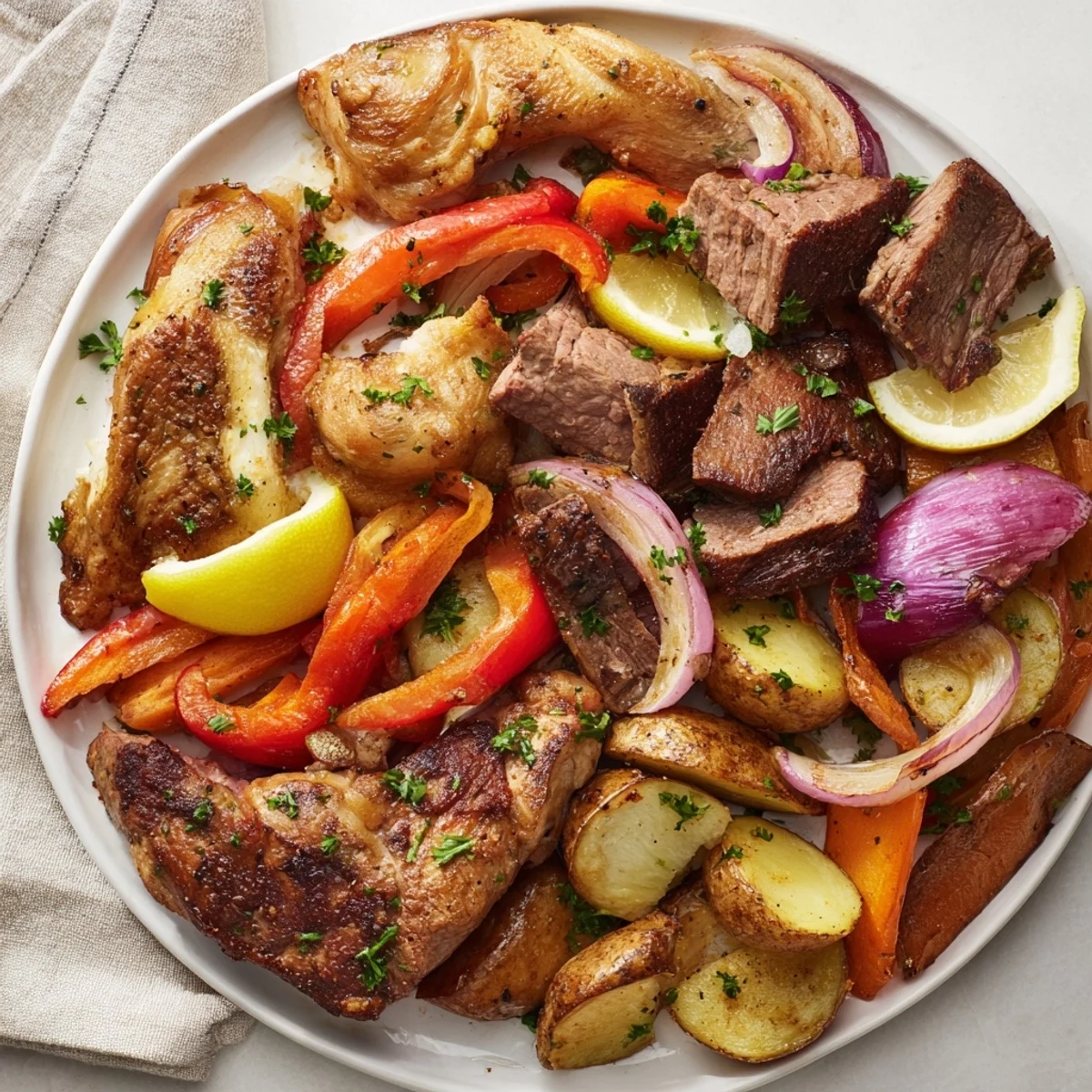 Vibrant image of a freshly cooked Roasted Meat Tray, perfectly seasoned and ready to enjoy.