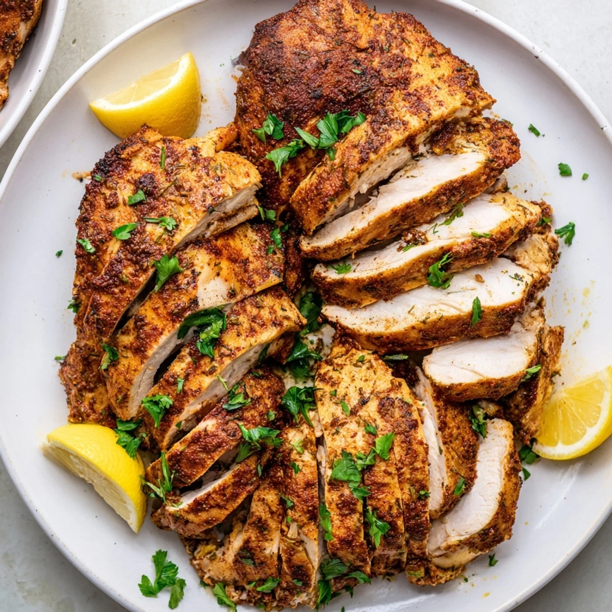 A close-up shot of a flavorful baked chicken breast, ready to be sliced after baking in the oven.