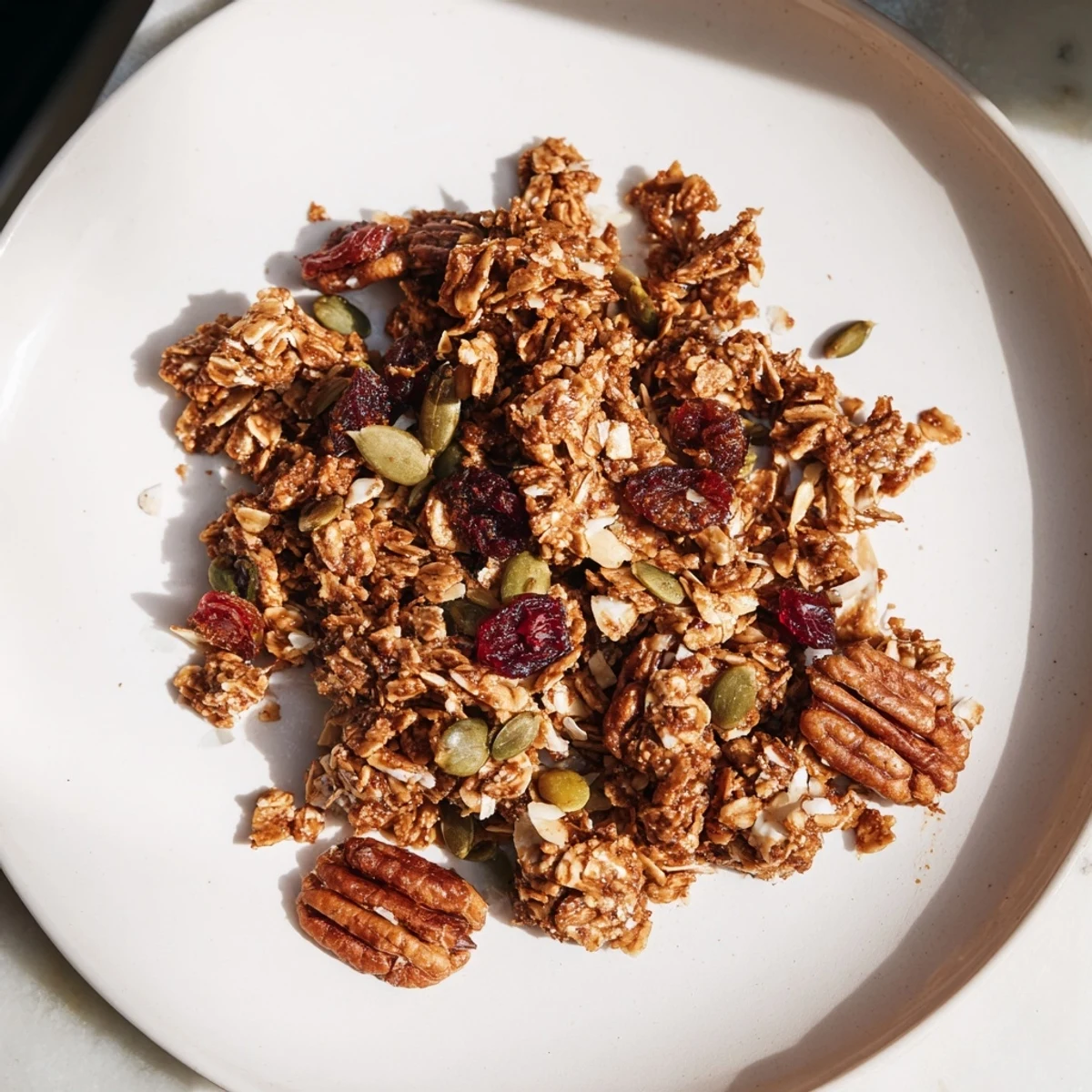A close-up of crunchy homemade Gingerbread Granola, showcasing toasted oats and festive spices.