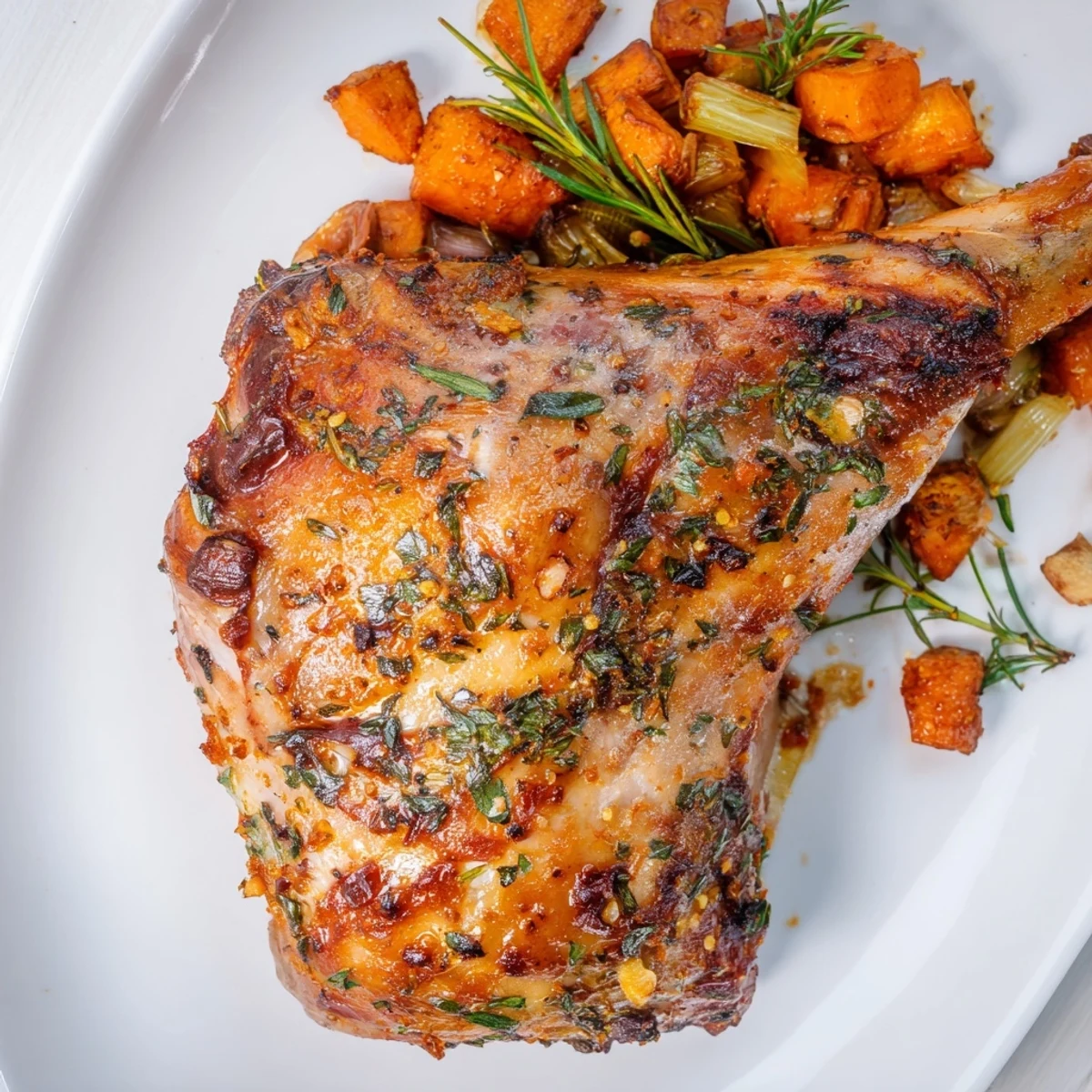 Crispy-skinned roasted turkey legs, photographed on a baking sheet, ready for a delicious, savory dinner.