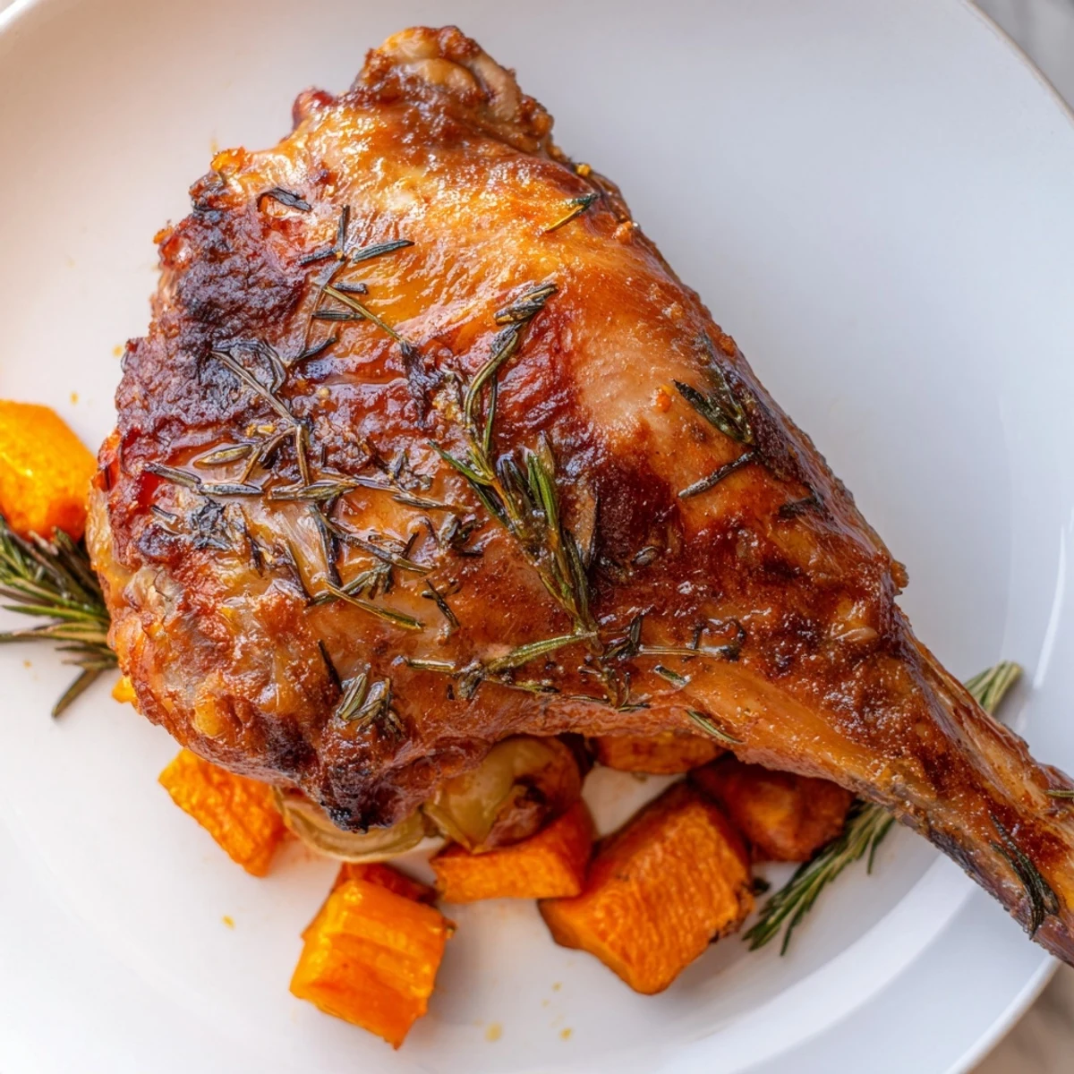 A close-up of beautifully roasted turkey legs, showing flavorful herbs and a juicy, tempting texture.