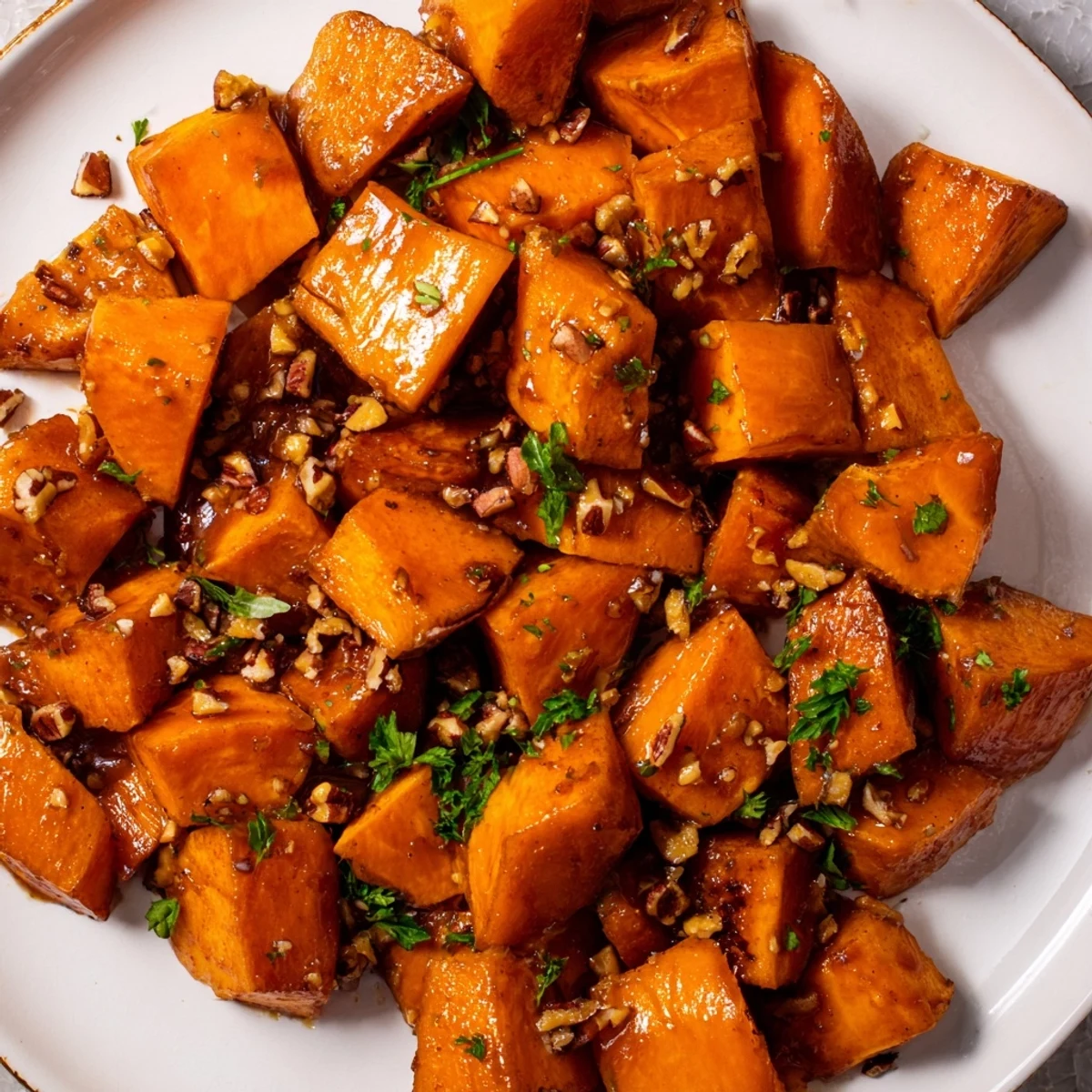 Golden, glistening cinnamon sweet potatoes, offering a sweetly spiced side dish on a white plate.