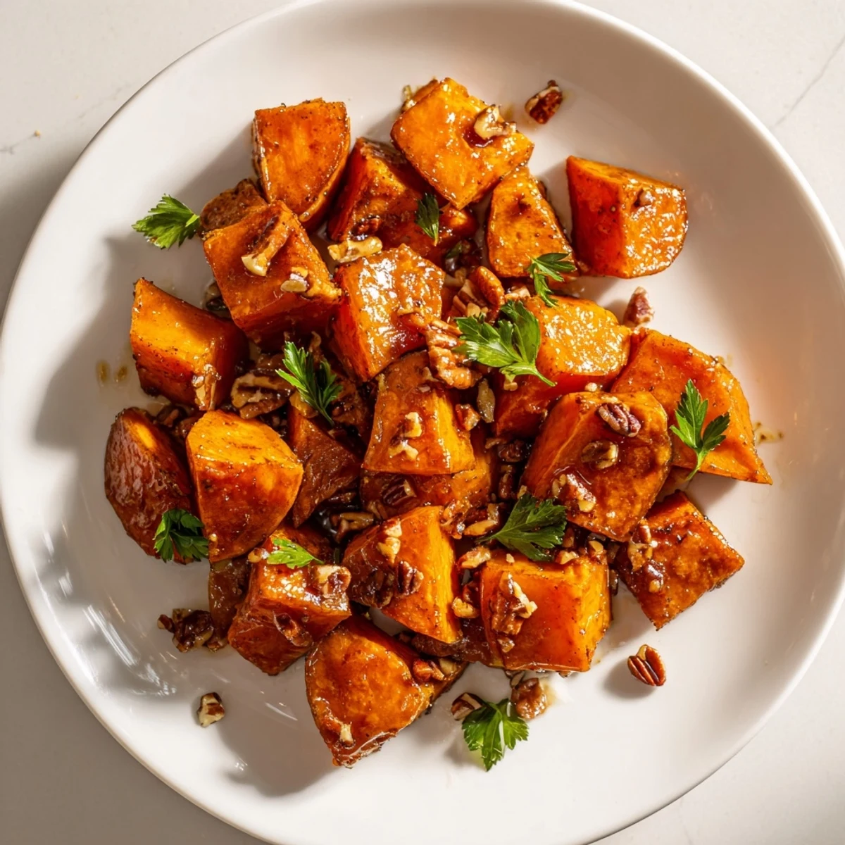 Roasted cinnamon sweet potatoes with a caramelized glaze, perfect for a cozy fall dinner alongside poultry.