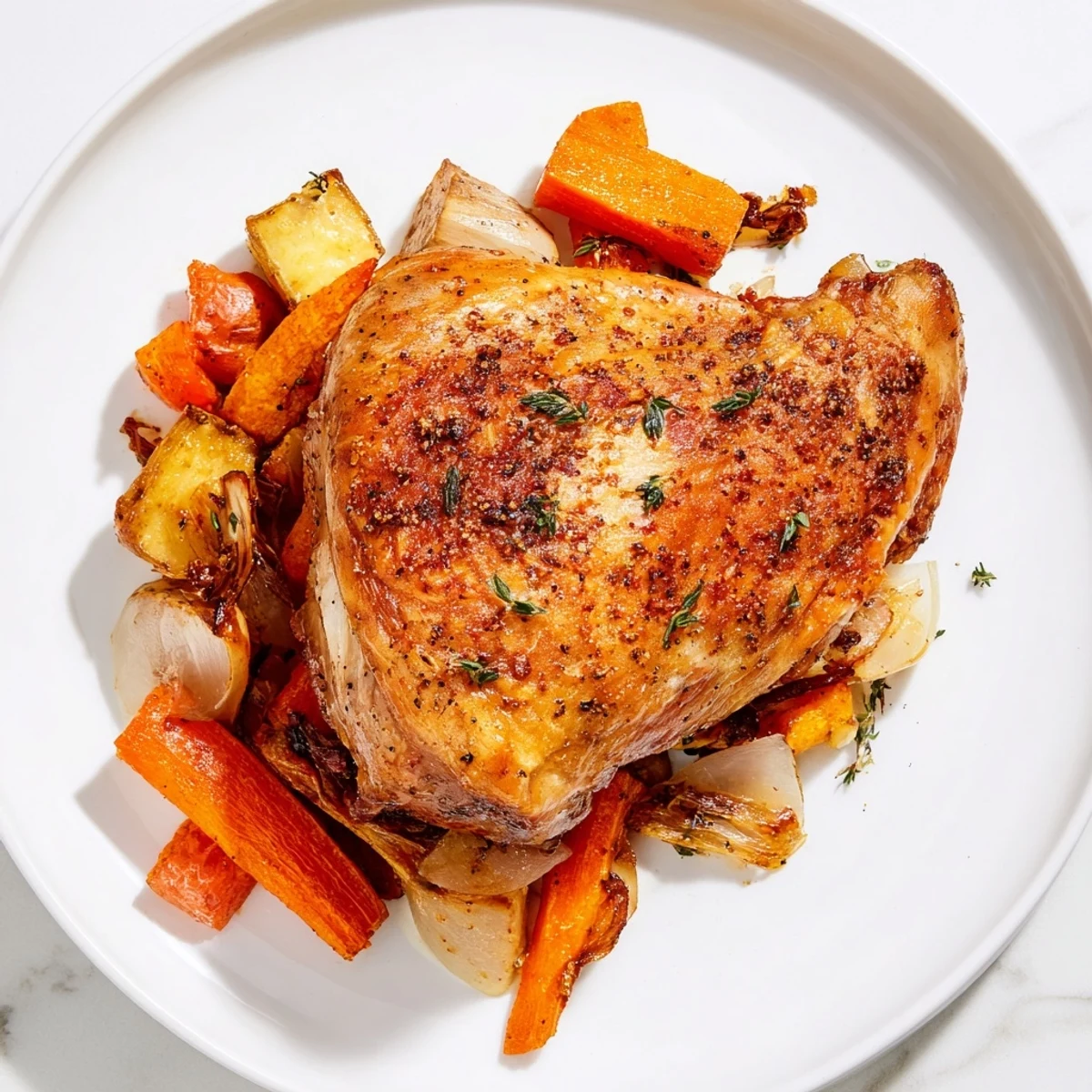 Juicy Roasted Garlic Chicken, presented with vibrant roasted vegetables and simmering pan juices.