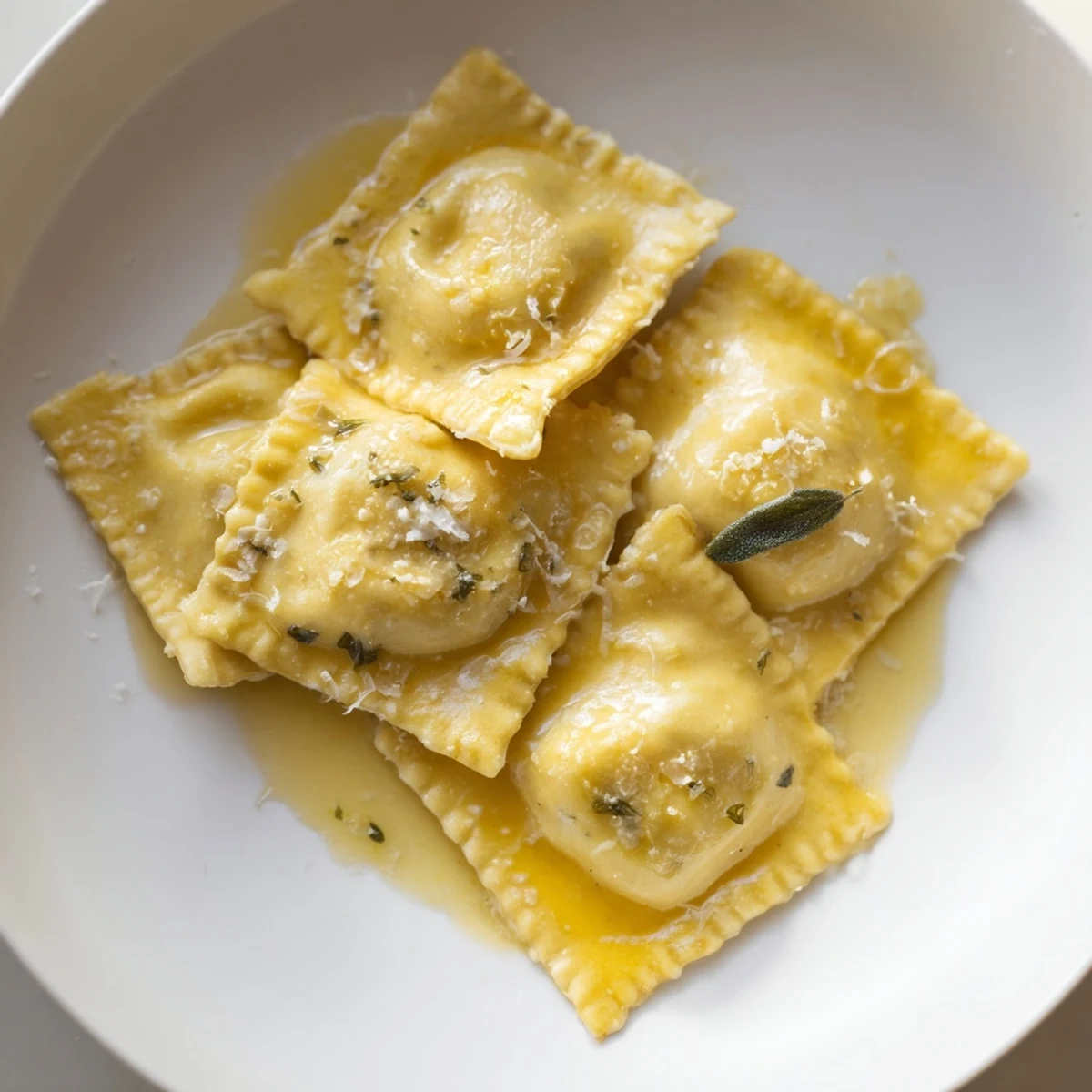Close-up of freshly cooked Squash Ravioli; the filling looks creamy and the pasta is perfectly formed.