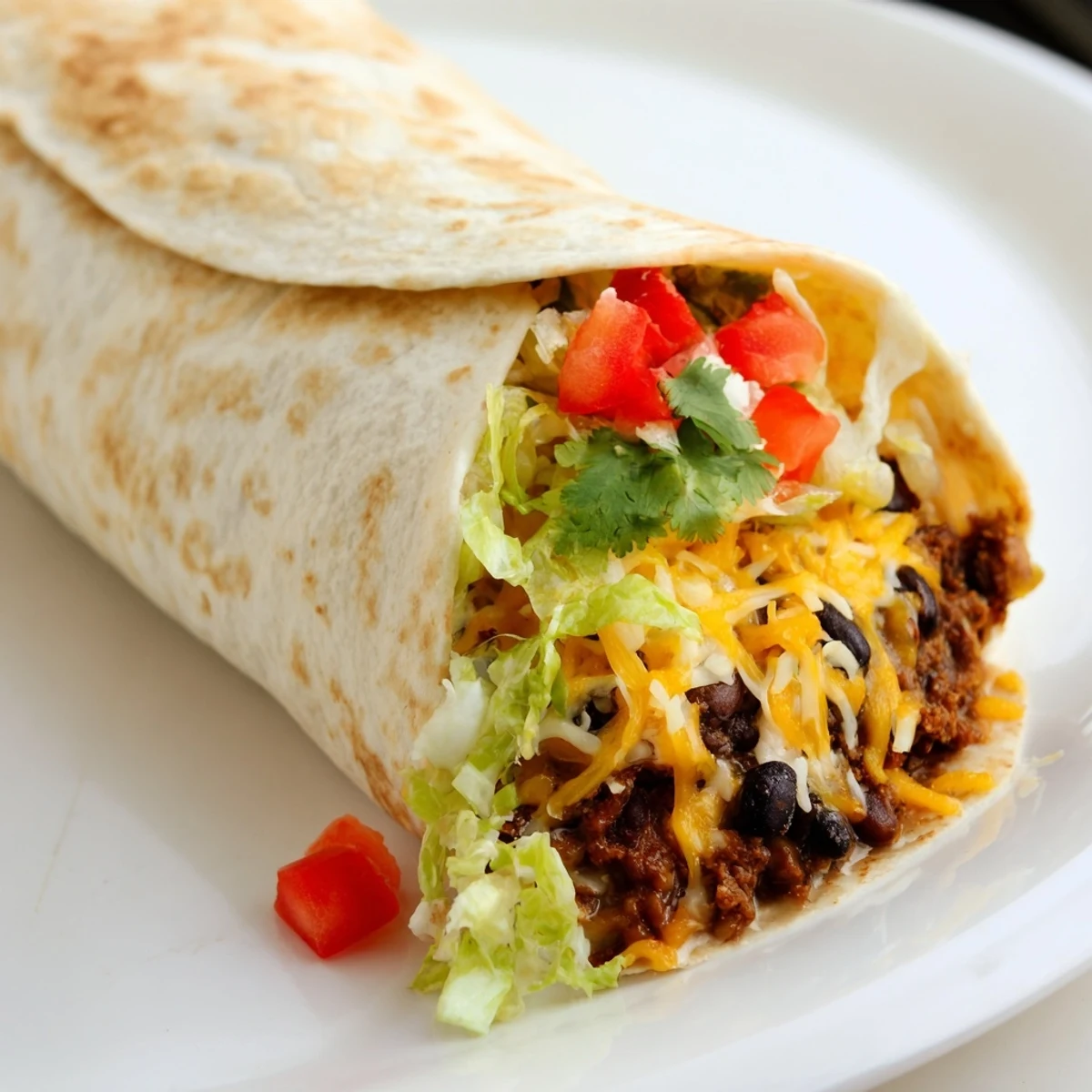 Steaming bean burritos, stuffed with cheese and fresh toppings, ready to enjoy for dinner tonight.