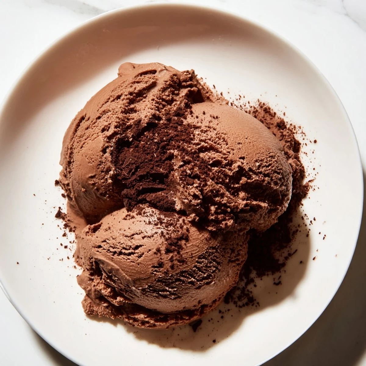 A scoop of creamy homemade chocolate ice cream, swirled with dark chocolate, ready to enjoy.