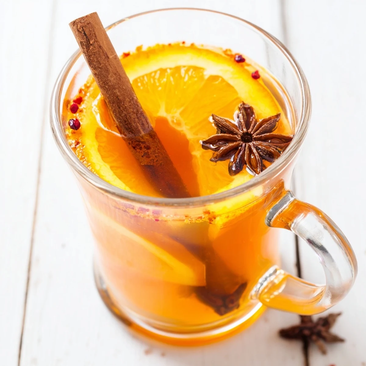 A mug of warm Spiced Fruit Juice, garnished with orange slices and cinnamon sticks.