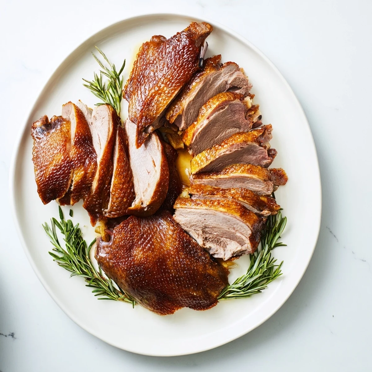 Golden-brown roast goose, stuffed and ready to eat, a classic festive centerpiece.
