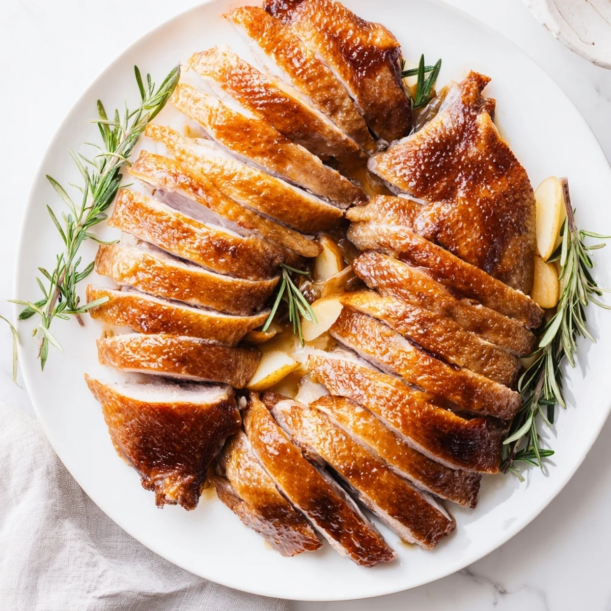 Juicy goose roast, served with gravy, ready to slice for a delicious family dinner.