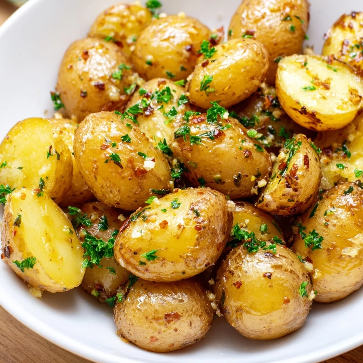 Golden Salt & Garlic Roasted Potatoes, perfectly crisp and seasoned, ready for serving alongside a meat dish.